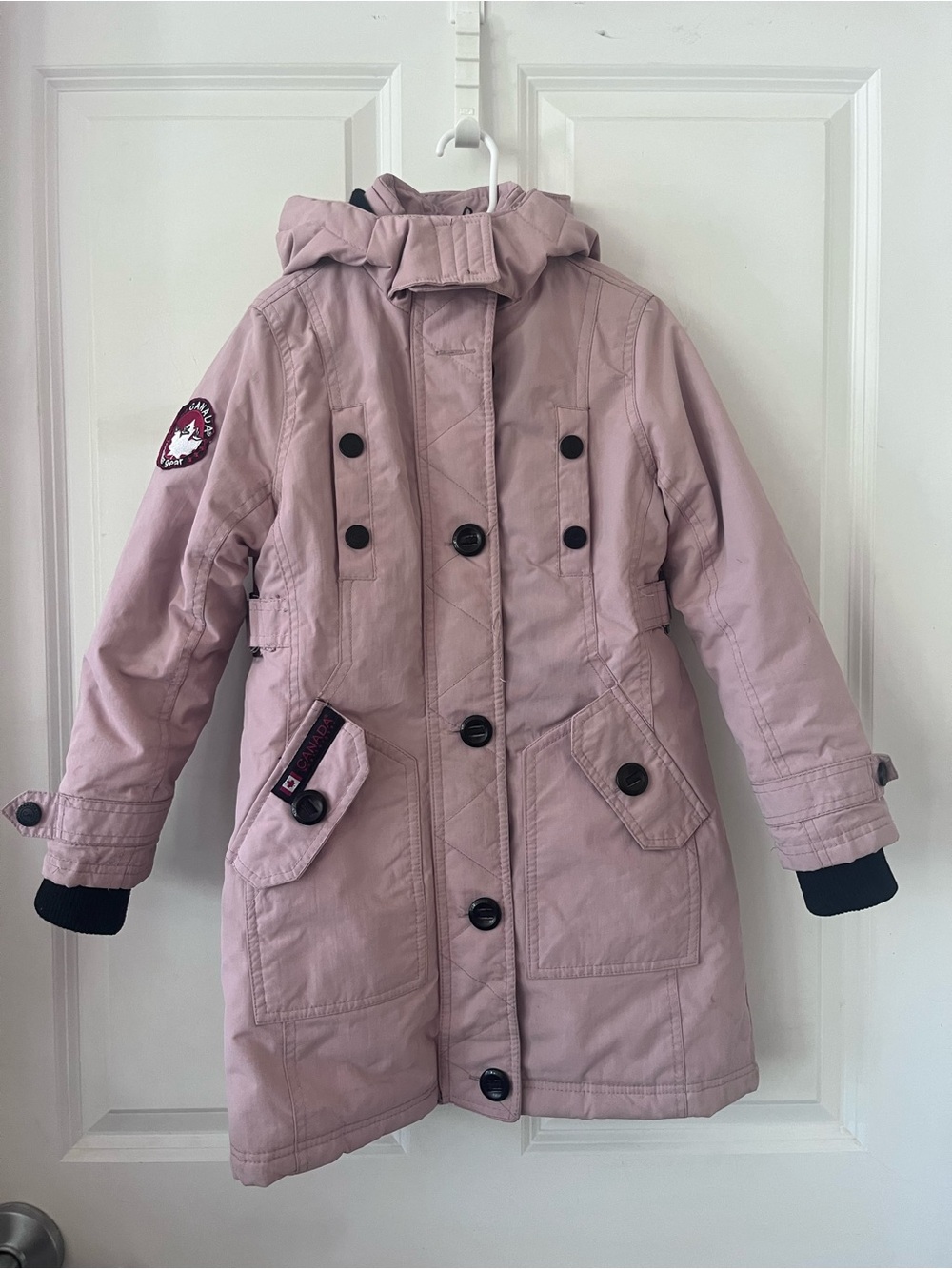 Girls' Light Pink Hooded Puffer Coat with Button Front